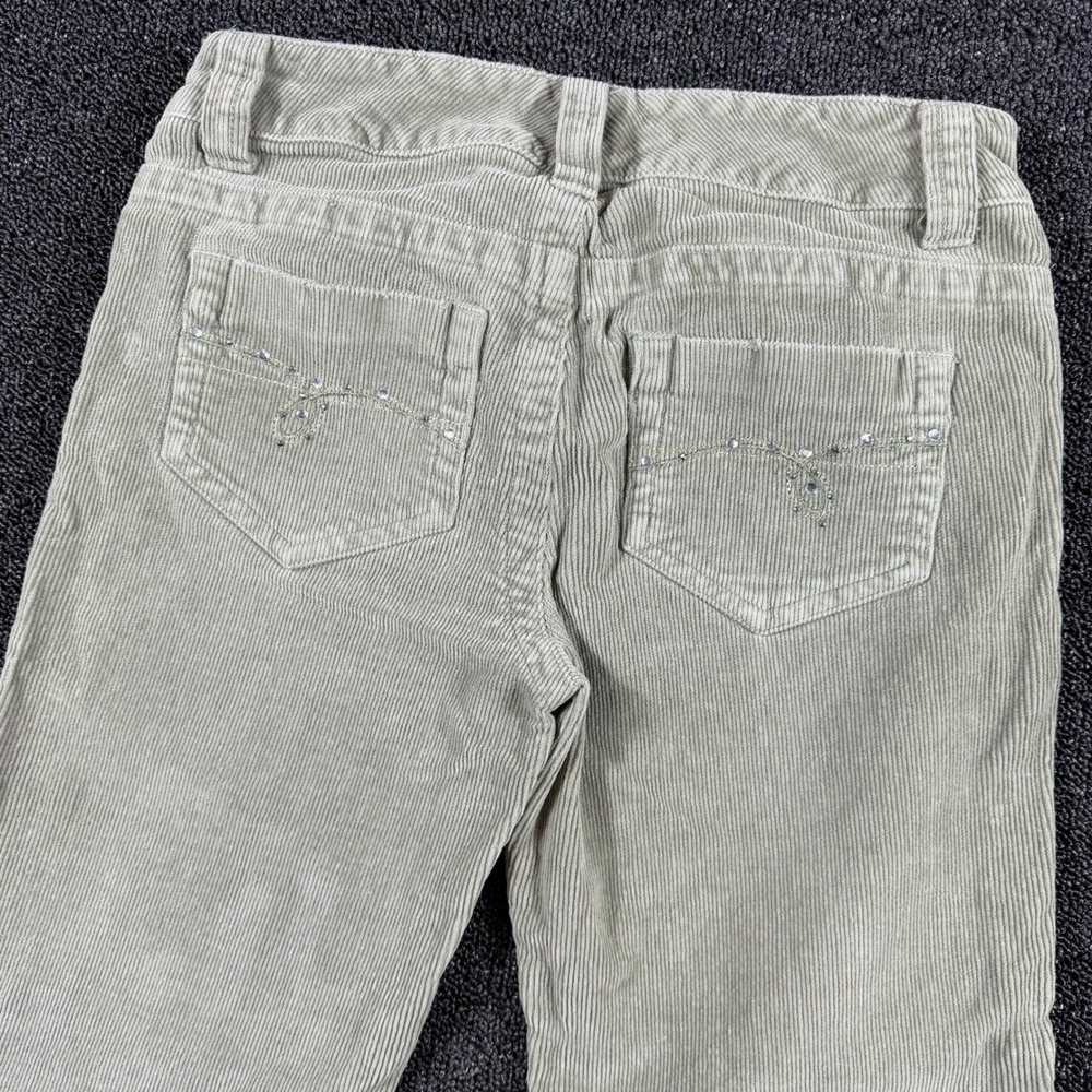 SO Stretch Corduroy Low Rise Flared Pants Women Size 1 Sage Green Rhinestone Y2K